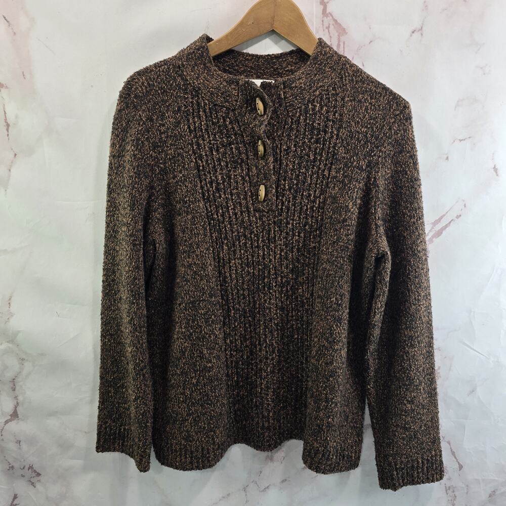 Vintage Sweater Womens Large Chocolate Brown Henley Wood Buttons Marled 90s